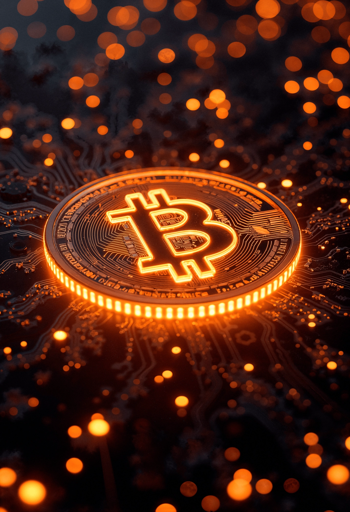 Ilustração 3D de uma moeda de Bitcoin brilhando em tons alaranjados, representando a valorização do Bitcoin hoje no mercado digital