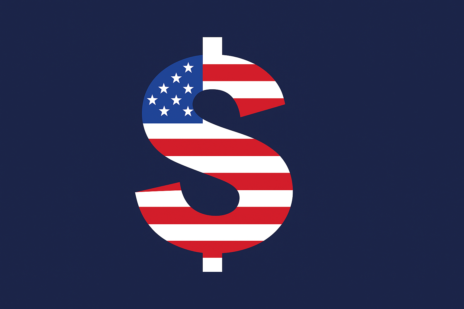 Símbolo do Dólar estilizado com a bandeira dos Estados Unidos sobre fundo azul